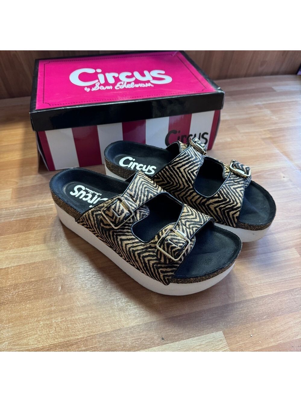 Circus by Sam Edelman platform sandals in a black and tan zebra size 8
